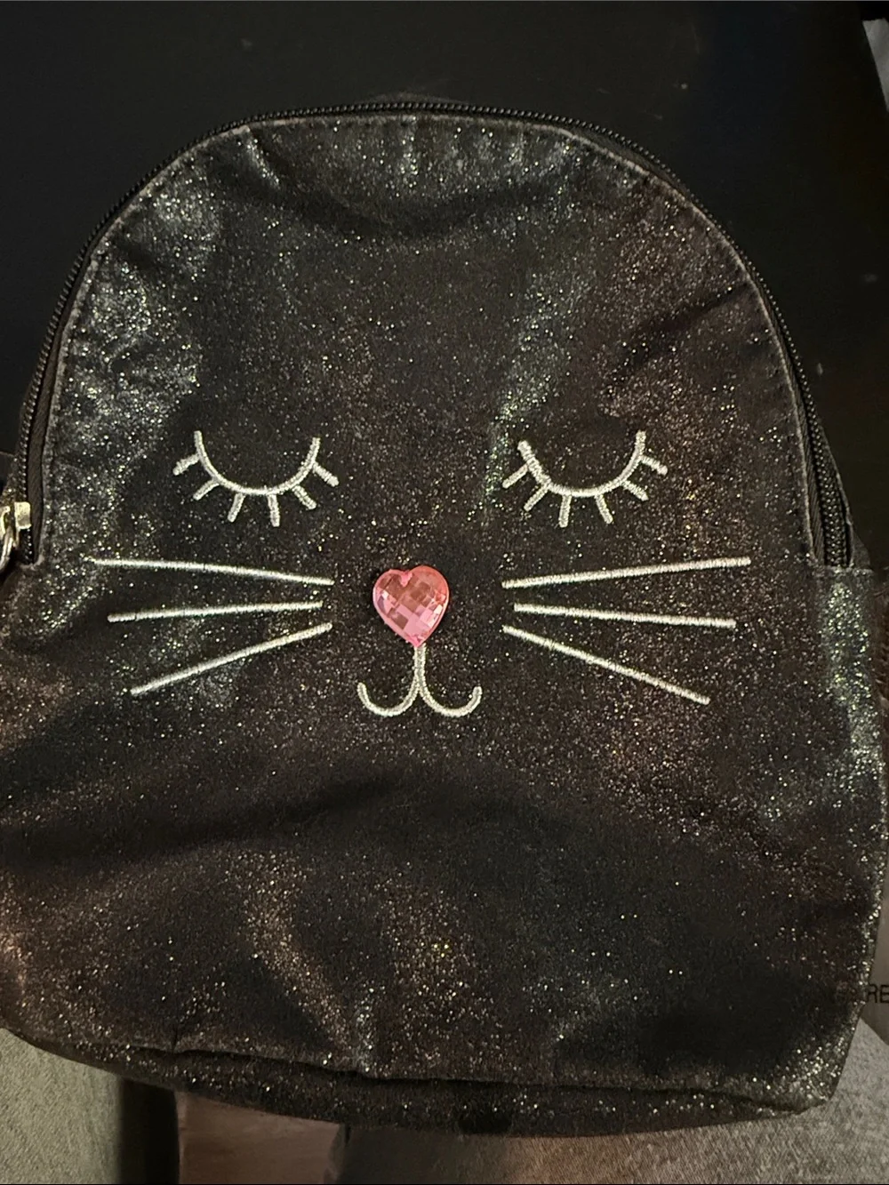 Arizona Jean Company Black Glitter Cat Backpack with Pink Heart Nose